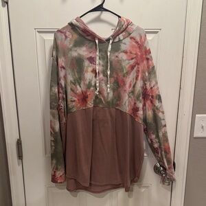 Honeyme Pink and Green Tie-Dye Hooded Pullover with Dusty Rose Panel